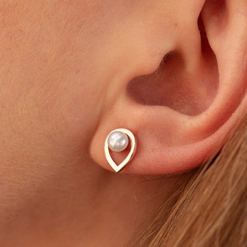 Серьги - пусеты "Капельки" с жемчугом (красное золото) с09054 4