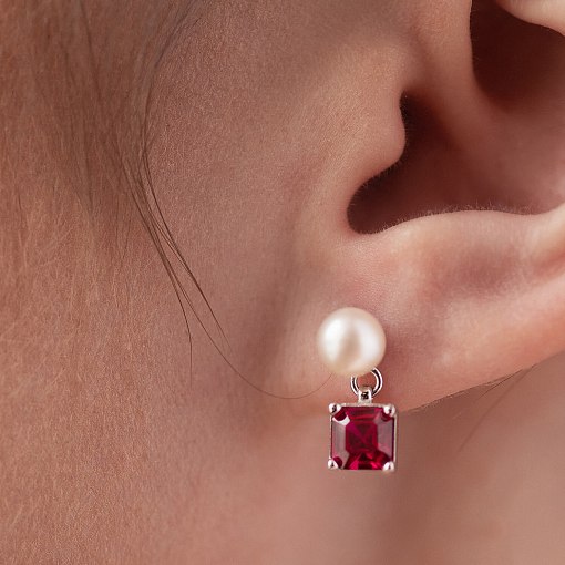 Золотые серьги - пусеты "Альма" (розовые фианиты, жемчуг) с08247 4