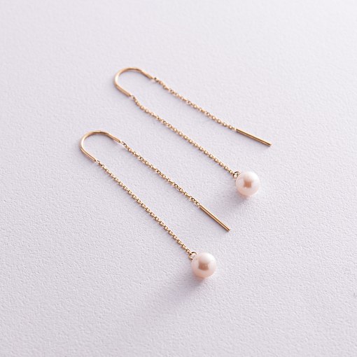 Серьги - протяжки с жемчугом (желтое золото) с08266 4