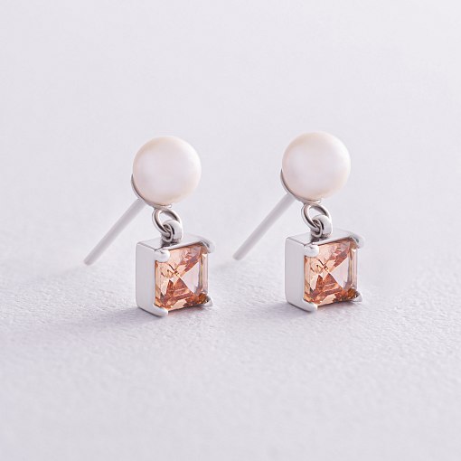 Золотые серьги - пусеты "Альма" (оранжевые фианиты, жемчуг) с08249 5