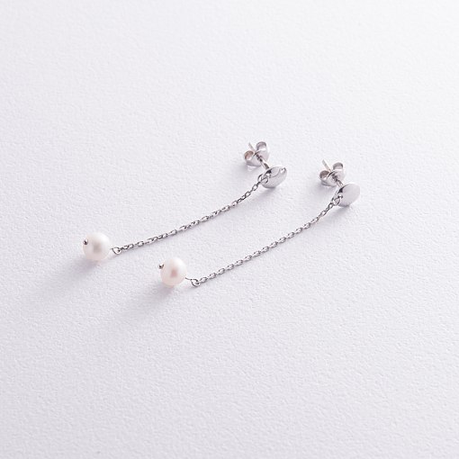 Серьги - пусеты "Жемчужина на цепочке" в белом золоте с08302 3