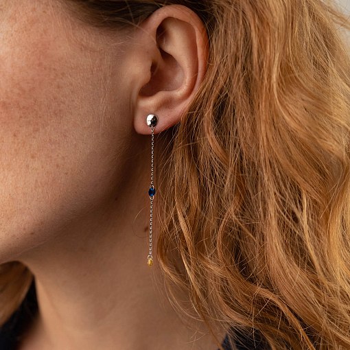 Висячие золотые серьги - пусеты "Украинка" (голубые и желтые фианиты) с08101 4