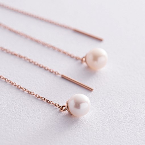 Серьги - протяжки с жемчугом (красное золото) с08268 6