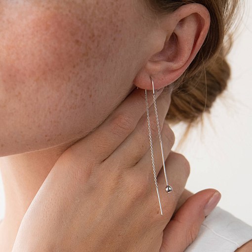 Серьги "Шарики" в белом золоте на цепочке с07985 2