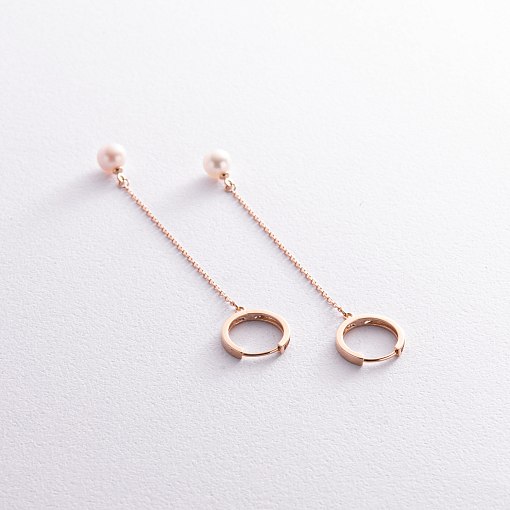 Серьги - кольца "Жемчужина на цепочке" в красном золоте с08355 5