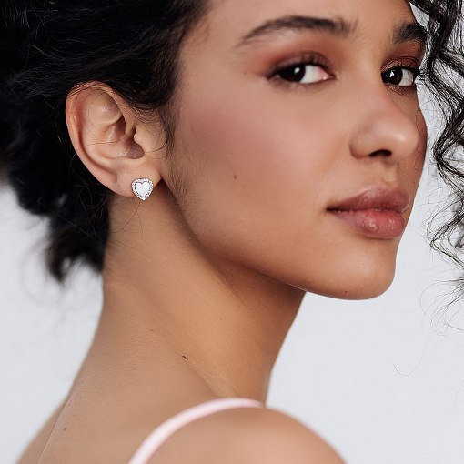 Золотые серьги - пусеты "Сердечки" (им. опал, фианит) с06325 6