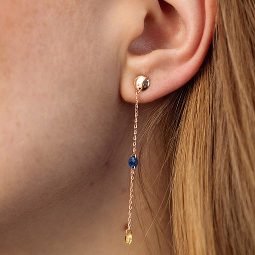 Висячие золотые серьги - пусеты "Украинка" (голубые и желтые фианиты) с08100 3