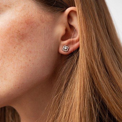 Серьги - пусеты "Клевер" с фианитами (белое золото) с09175 2