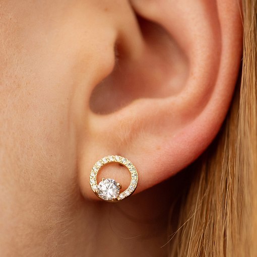 Серьги - пусеты "Круговорот" с фианитами (желтое золото) с08728 2