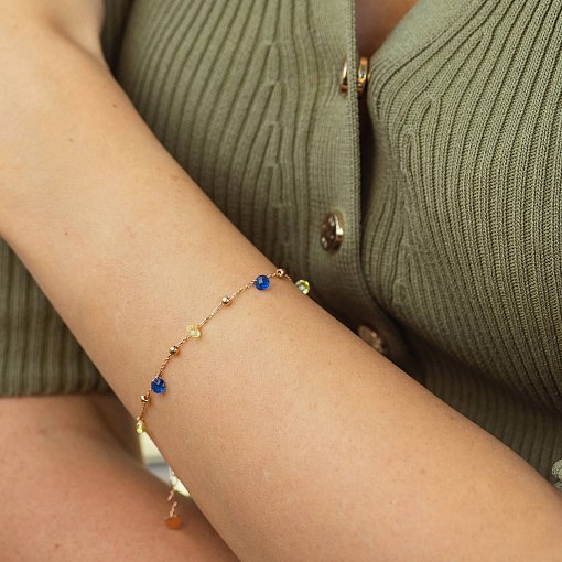 Золотой браслет "Независимая" с шариками (синие и желтые фианиты) б05326 4