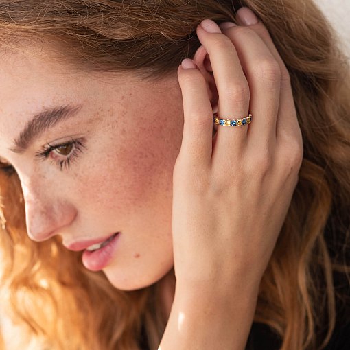 Каблучка з доріжкою блакитних та жовтих каменів (червоне золото) к07107 4