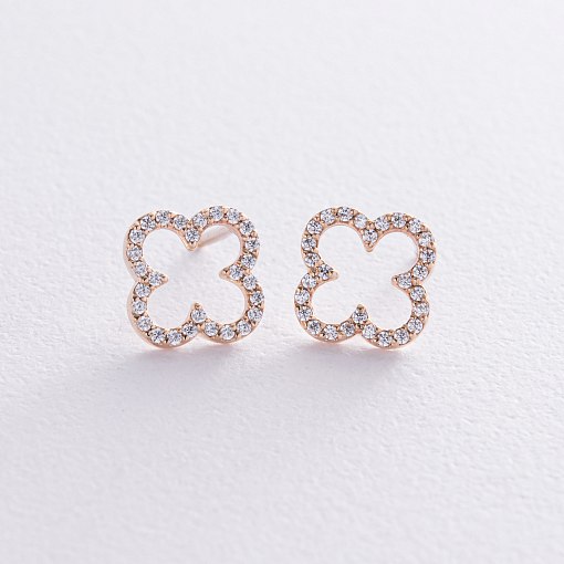 Серьги - пусеты "Клевер" с фианитами (желтое золото) с08436 4