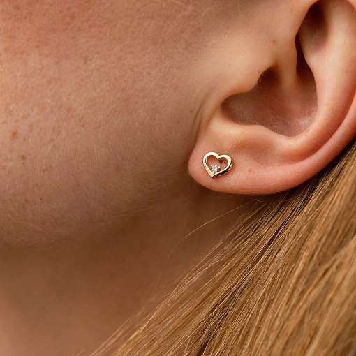 Серьги - пусеты "Сердечки" в красном золоте (фианиты) с08613 4