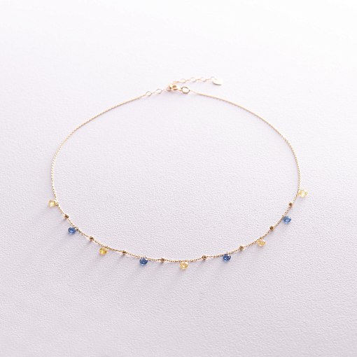 Золотое колье "Независимая" с шариками (синие и желтые фианиты) кол02321