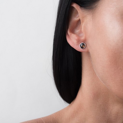 Золотые серьги-пусеты Точечки дымчатый кварц с06297 5