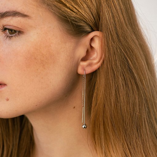 Серьги "Шарики" в белом золоте на цепочке с08823 2