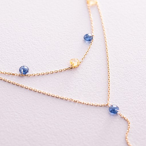 Золотое колье - галстук "Украинка" (синие и желтые фианиты) кол02329 3