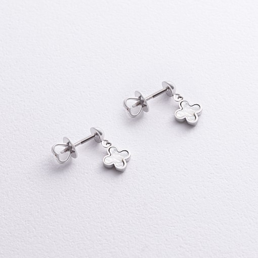 Золотые серьги - пусеты "Клевер" (перламутр) с09272 2