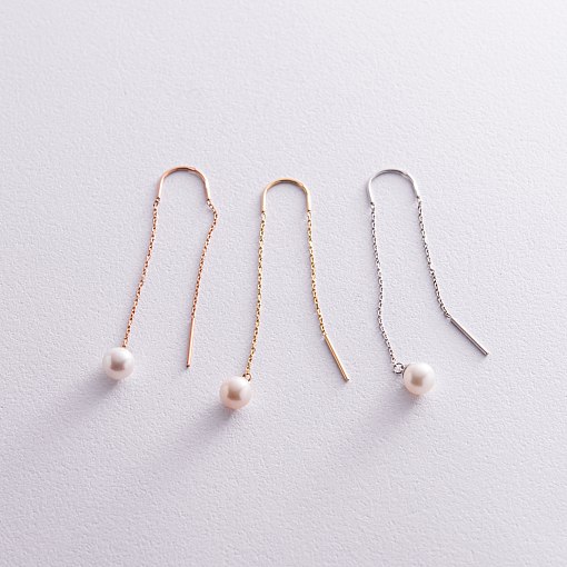 Серьги - протяжки с жемчугом (красное золото) с08268 5