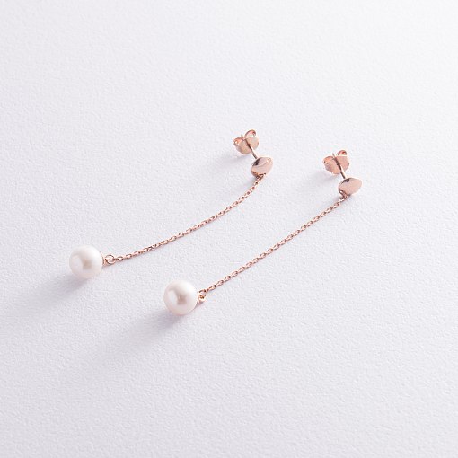 Серьги - пусеты "Жемчужина на цепочке" в красном золоте с08315 3