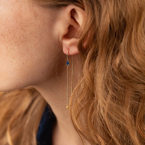 Золотые серьги - протяжки "Украинка (голубые и желтые фианиты) с08103 2