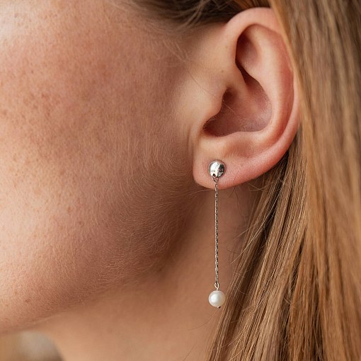 Серьги - пусеты "Жемчужина на цепочке" в белом золоте с08302 2