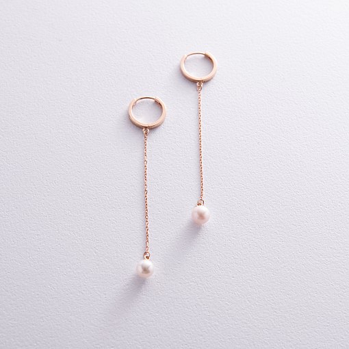 Серьги - кольца "Жемчужина на цепочке" в красном золоте с08355