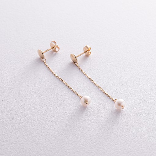 Серьги - пусеты "Жемчужина на цепочке" в желтом золоте с08293 5