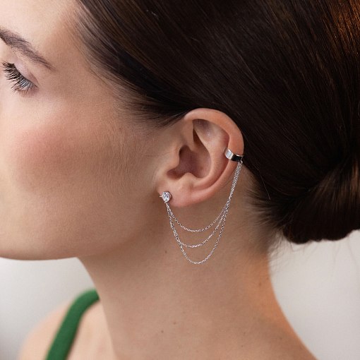 Серьга - каффа "Тринити" в белом золоте с цепочками (фианит) с08020 4