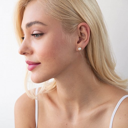 Золотые серьги - пусеты с жемчугом с07579 5