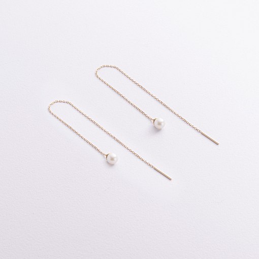 Серьги - протяжки с жемчугом (желтое золото) с09071 2