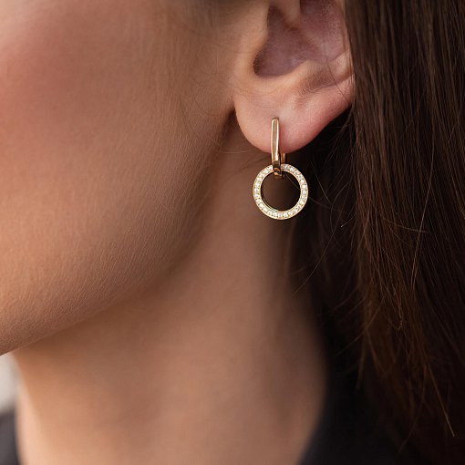 Серьги с кольцами в желтом золоте (фианиты) с07875