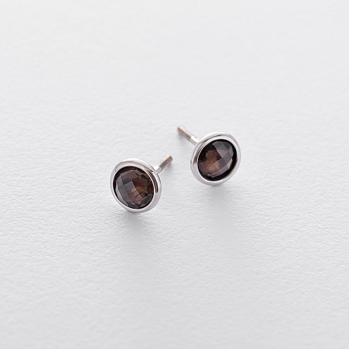 Золотые серьги-пусеты Точечки дымчатый кварц с06297