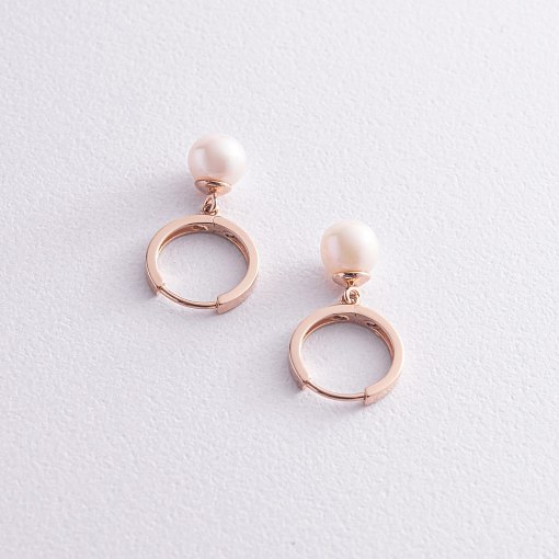 Золотые серьги - кольца с жемчугом с08273 3