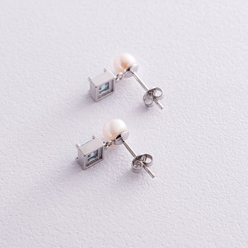 Золотые серьги - пусеты "Альма" (голубые фианиты, жемчуг) с08250 4