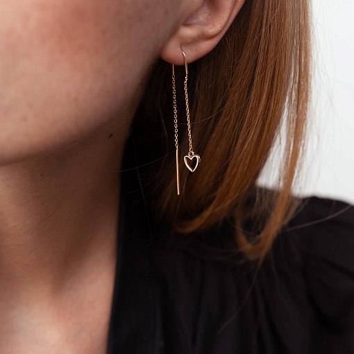 Серьги - протяжки "Сердечки" в красном золоте с07957 4