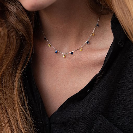 Колье "Украинка" в белом золоте (синие и желтые фианиты) кол02248 6