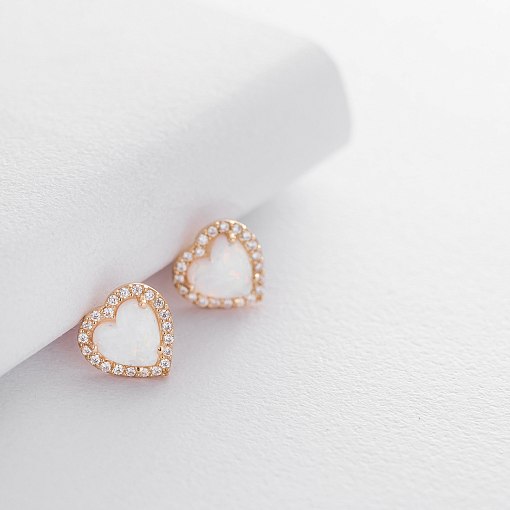 Золотые серьги - пусеты "Сердечки" (опал, фианит) с06328 5