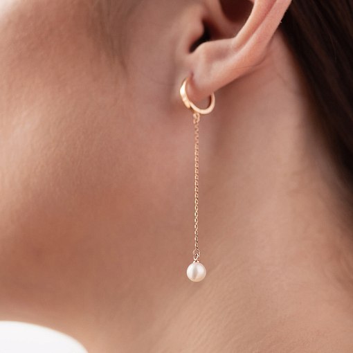 Серьги - кольца "Жемчужина на цепочке" в красном золоте с08355 4