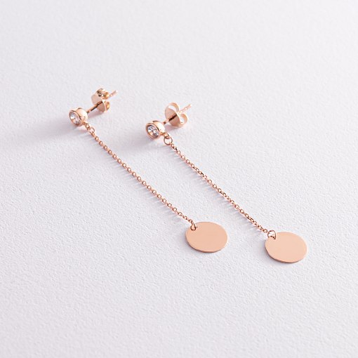 Золотые серьги "Монетки на цепочке" с фианитами с07867 2