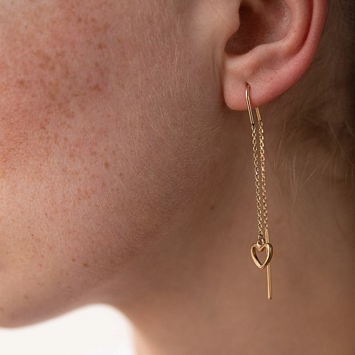 Серьги - протяжки "Сердечки" в желтом золоте с07944 5