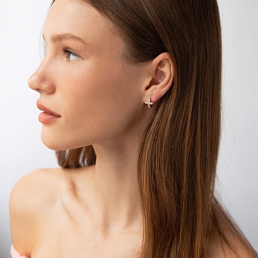 Серьги - кольца "Крестики" с фианитами (красное золото) с09195 4