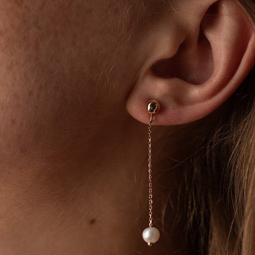 Серьги - пусеты "Жемчужина на цепочке" в красном золоте с08291 2