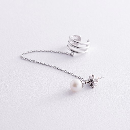 Серьга - каффа "Тринити" с жемчужиной (белое золото) с08251 2