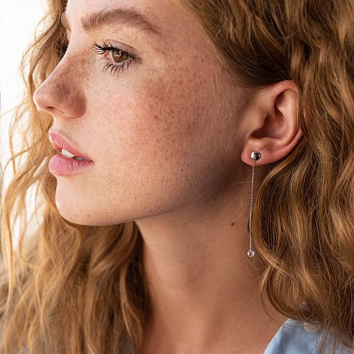 Серьги - пусеты "Фианит на цепочке" в белом золоте с08042 3