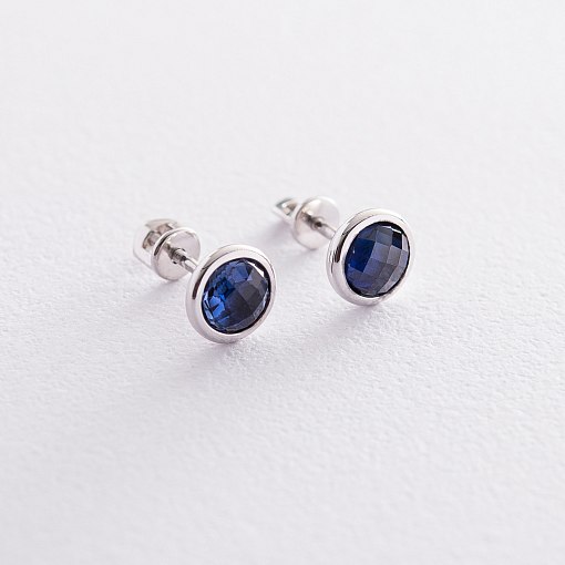 Золотые серьги-пусеты (синт. сапфир) с06463