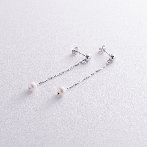 Серьги - пусеты "Жемчужина на цепочке" в белом золоте с08313 3