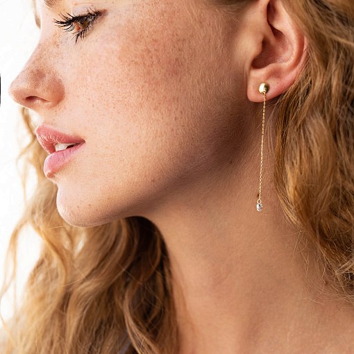 Серьги - пусеты "Фианит на цепочке" в желтом золоте с08021 4