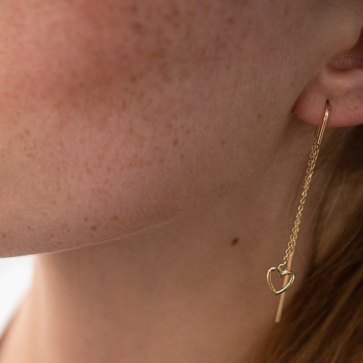 Серьги - протяжки "Сердечки" в желтом золоте с07944 2