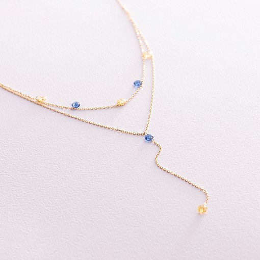 Золотое колье - галстук "Украинка" (синие и желтые фианиты) кол02329